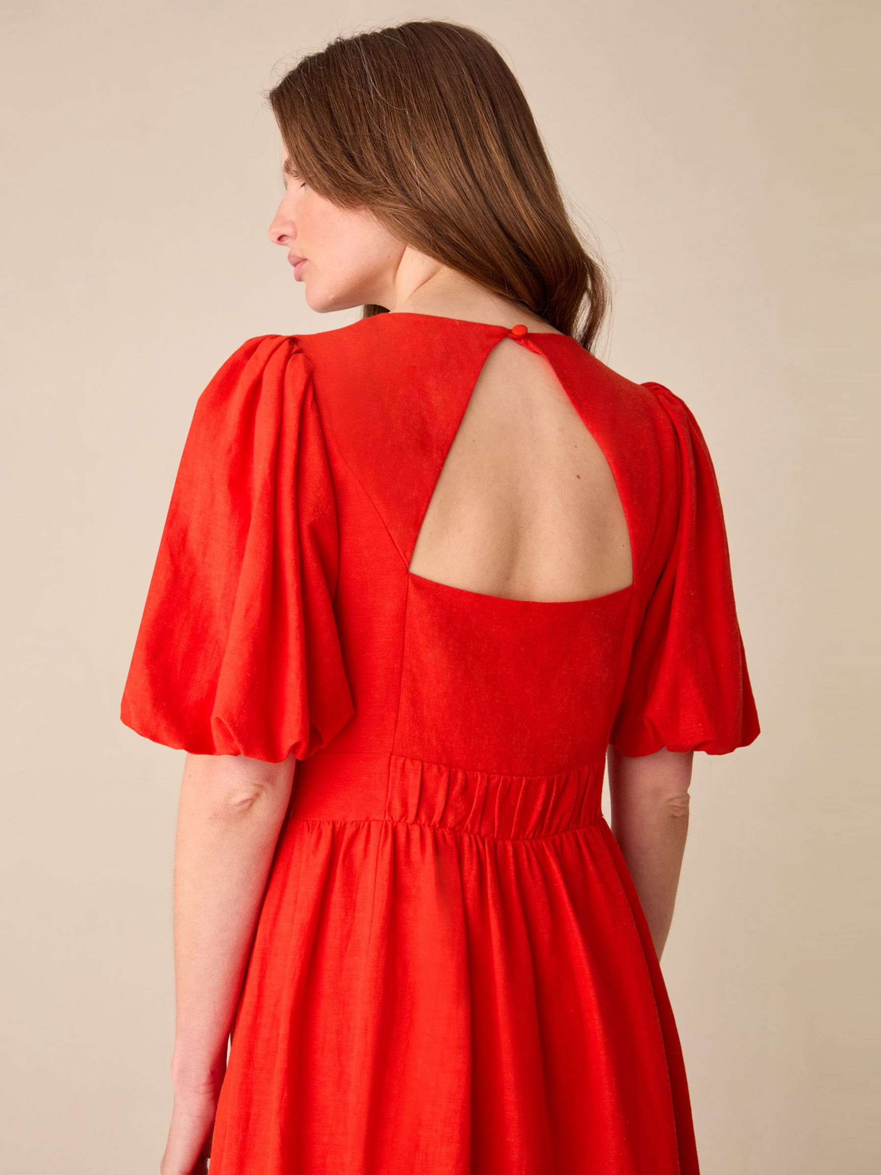 Ro&Zo Petite Red Puff Sleeve V Neck Midi Dress, Red, 6