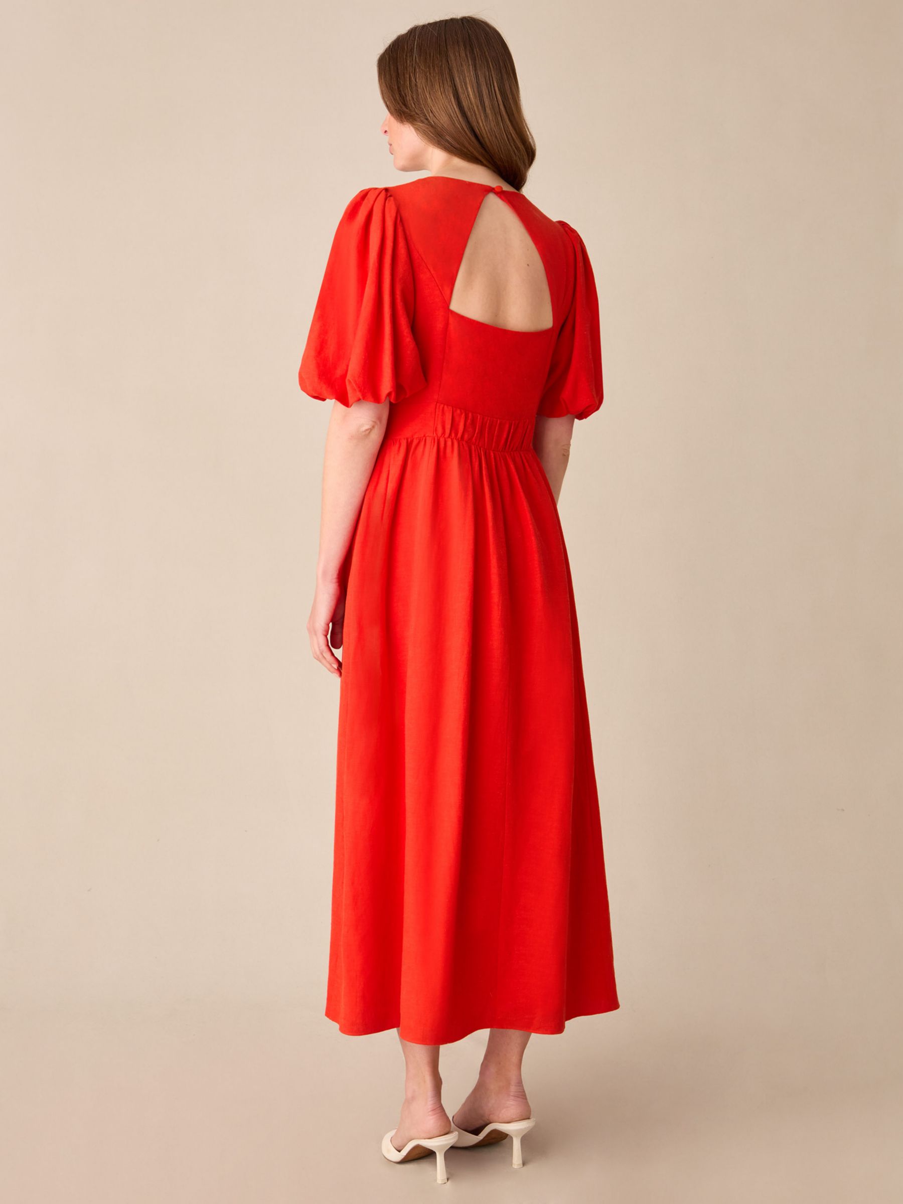 Ro&Zo Petite Red Puff Sleeve V Neck Midi Dress, Red, 6