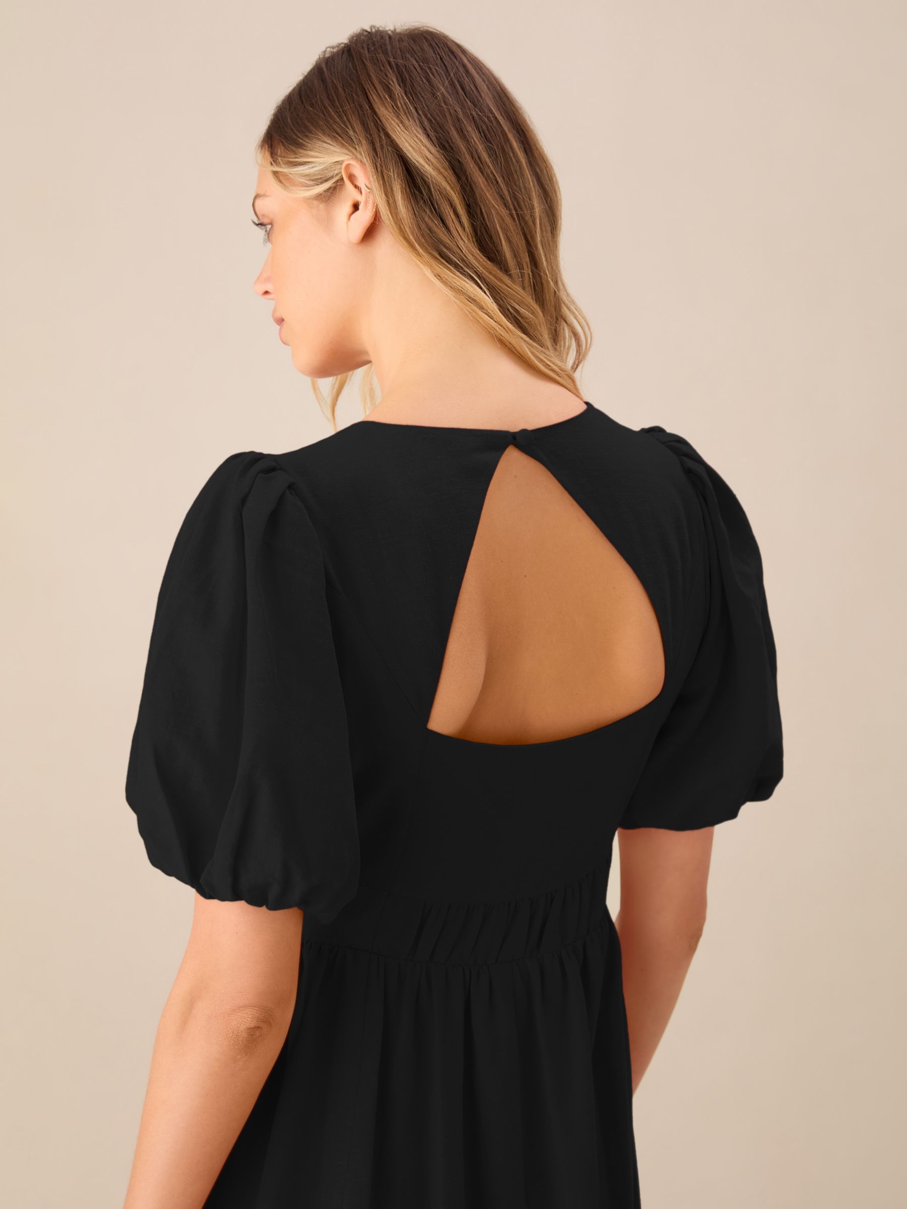 Ro&Zo Puff Sleeve Linen Blend Midi Dress, Black, 6