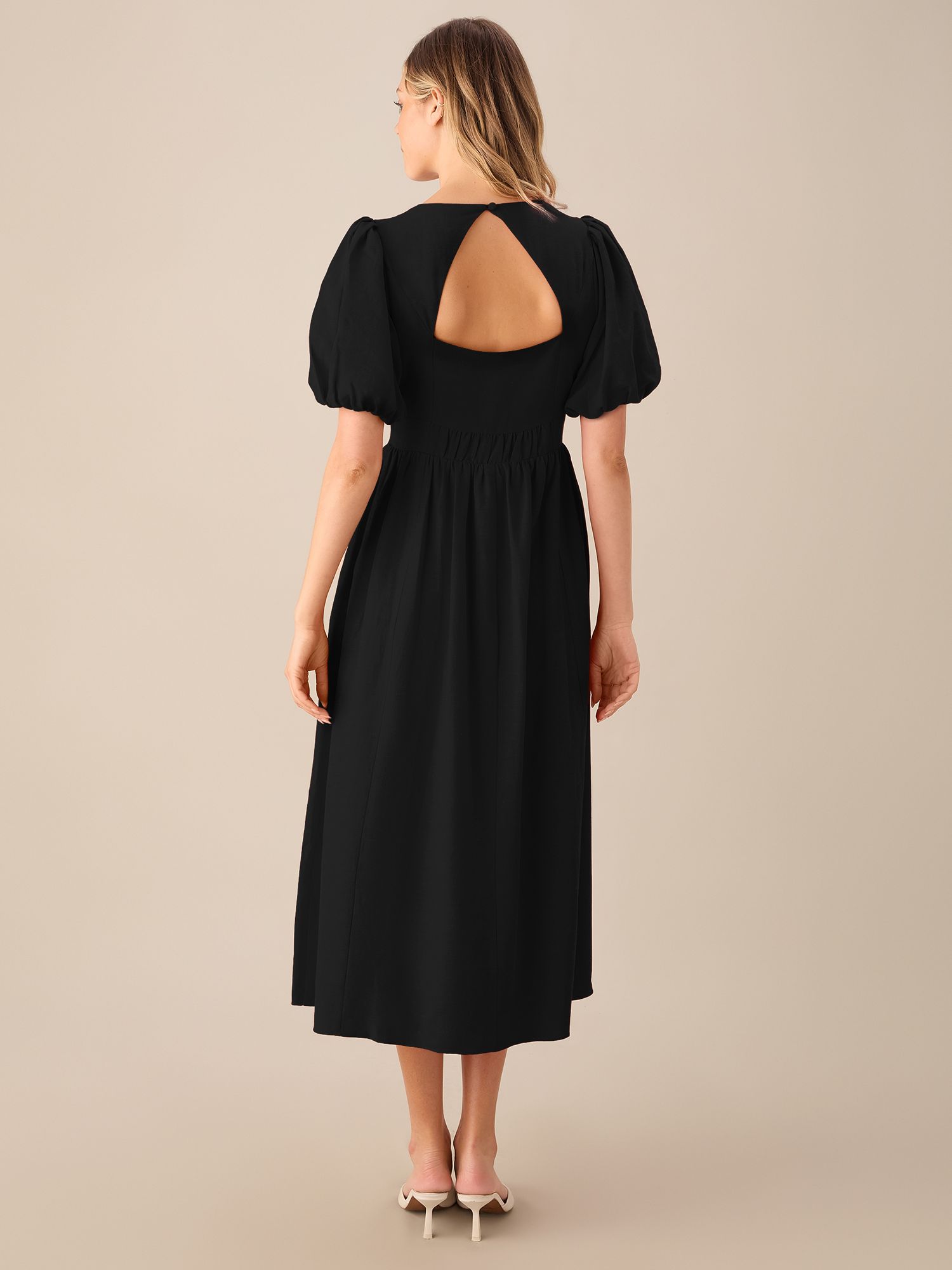 Ro&Zo Puff Sleeve Linen Blend Midi Dress, Black, 6