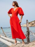 Ro&Zo Puff Sleeve Linen Blend Midi Dress, Red