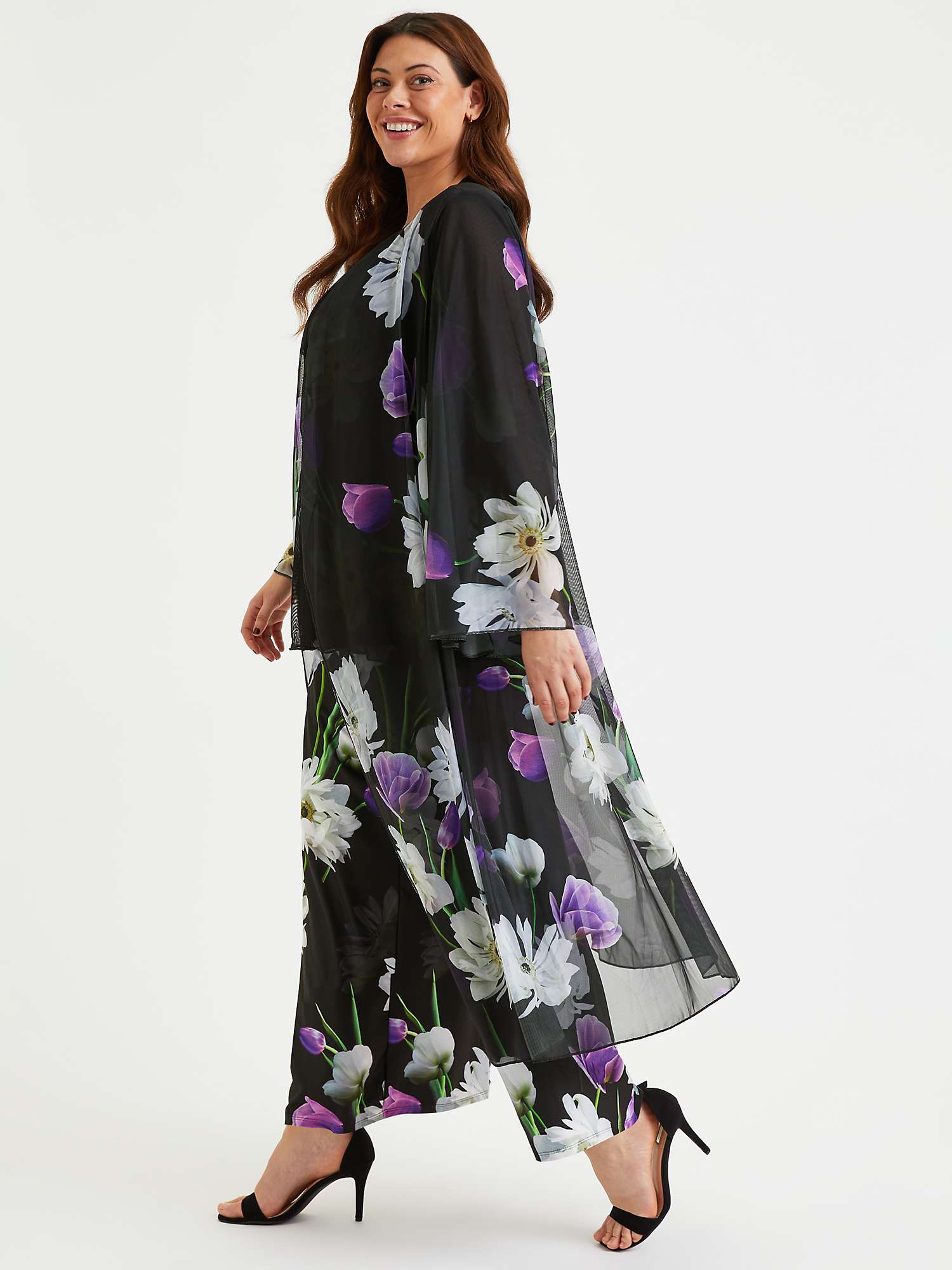 Buy Scarlett & Jo Floral Print Waterfall Neck Kimono, Black/Purple Online at johnlewis.com