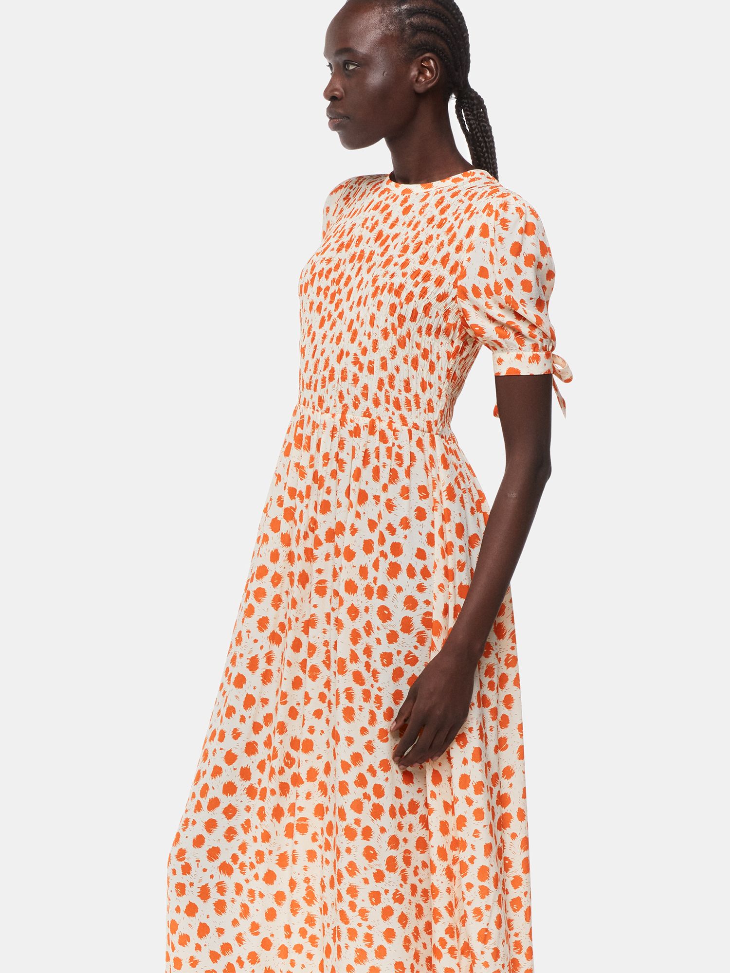 Whistles Abstract Spot Print Shirred Midi Dress, Orange/Multi, 6
