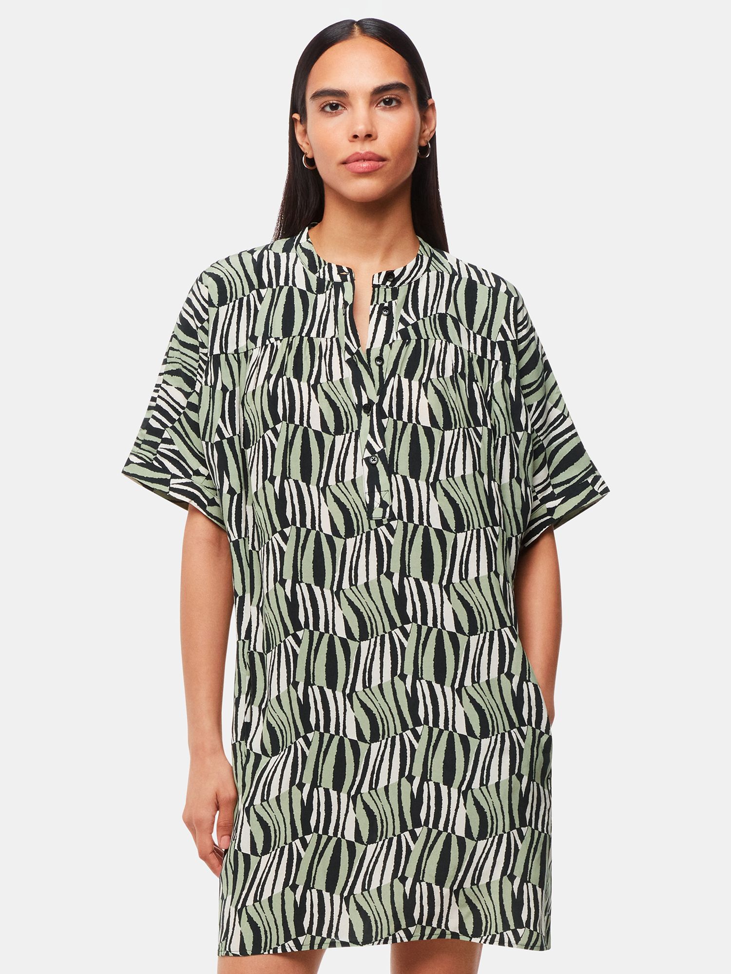 Whistles Checkerboard Tiger Print Tunic Dress, Green/Multi, 6