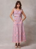 Mint Velvet Broderie Cotton Blend Midi Skirt, Pink/Multi