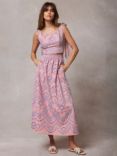 Mint Velvet Broderie Cotton Blend Midi Skirt, Pink/Multi