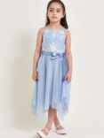 Monsoon Kids' Truth Floral Embroiderd Tulle Hankey Hem Occasion Dress, Blue