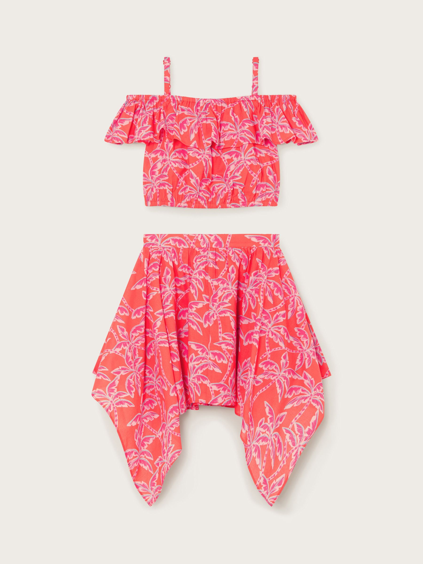 Monsoon Kids' Palm Tree Print Hanky Hem Skirt & Top Set, Red, 3-4 years