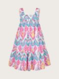 Monsoon Kids' Rainbow Ikat Print Tiered Dress, Ivory/Multi