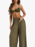 South Beach Crinkle Wide Leg Beach Trousers, Green Khaki