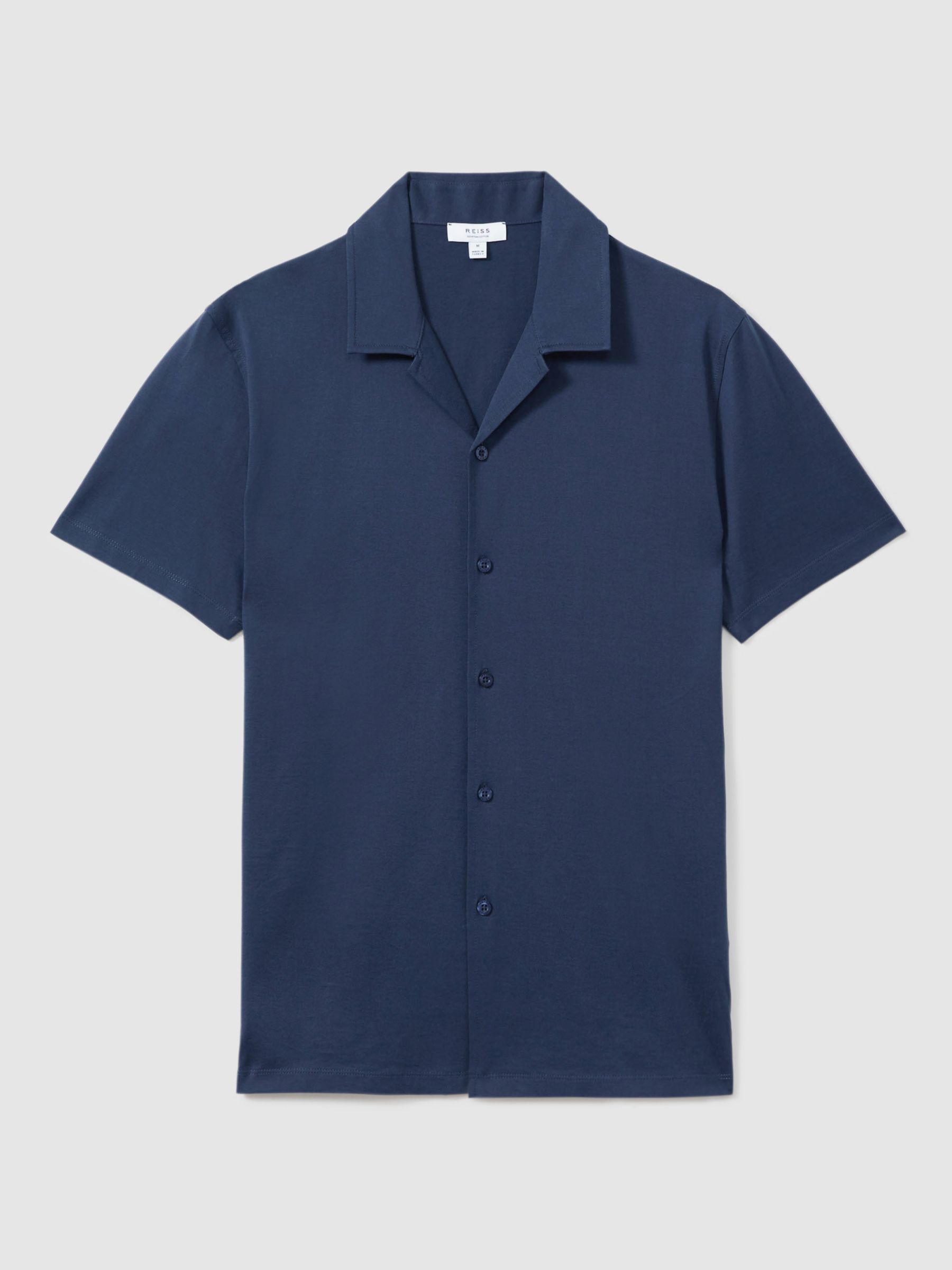 Reiss Caspa Cuban Collar Short Sleeve Shirt, Airforce Blue, S