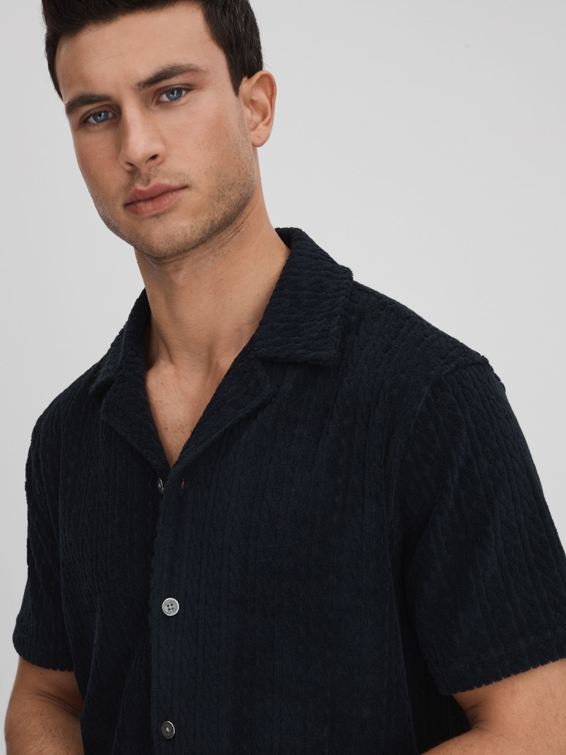 Reiss Bay Cuban Cable Towelling Shirt, Navy, XS