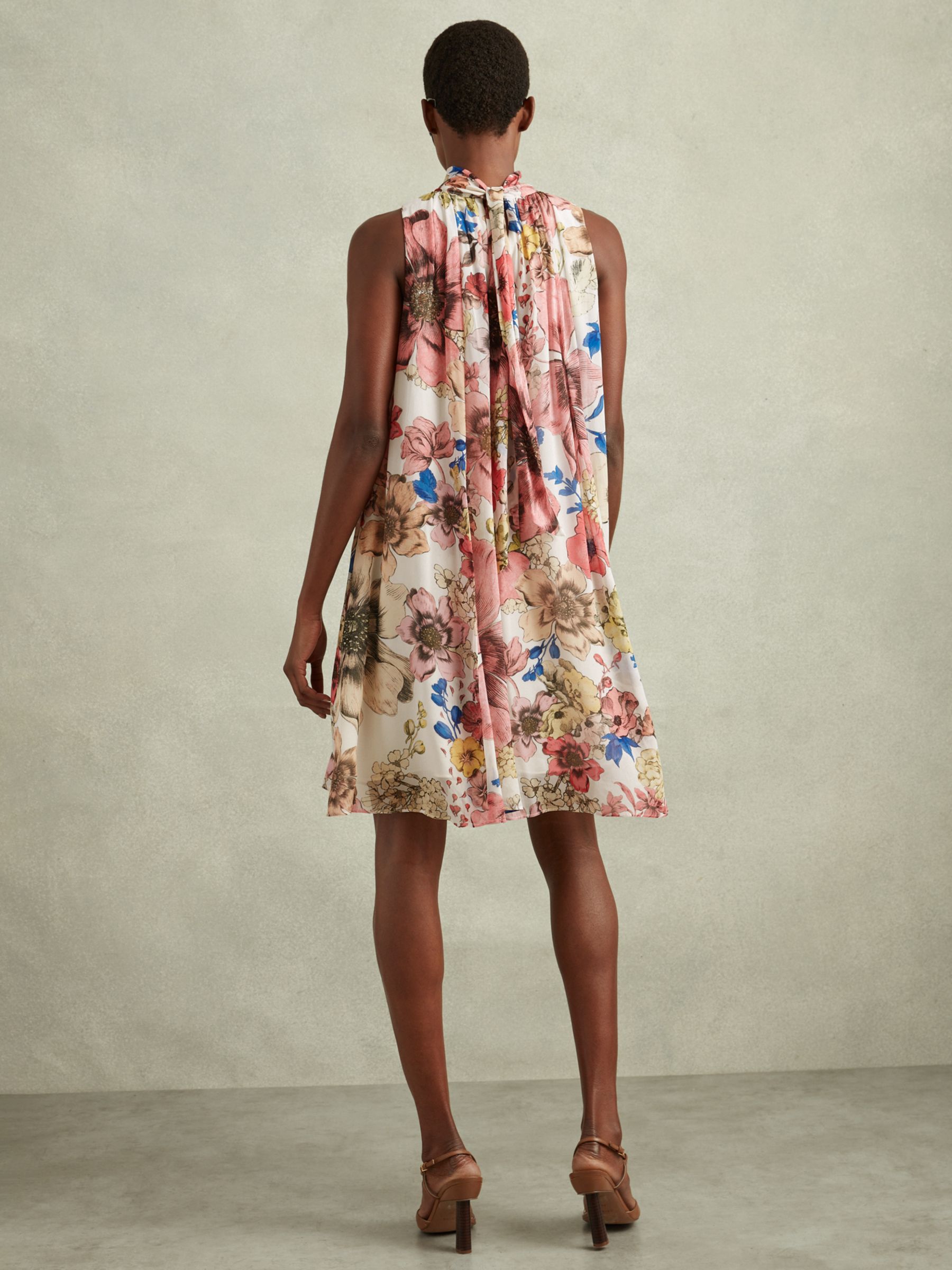 Reiss Kady Floral Print High Neck Mini Dress, Cream/Multi, 6