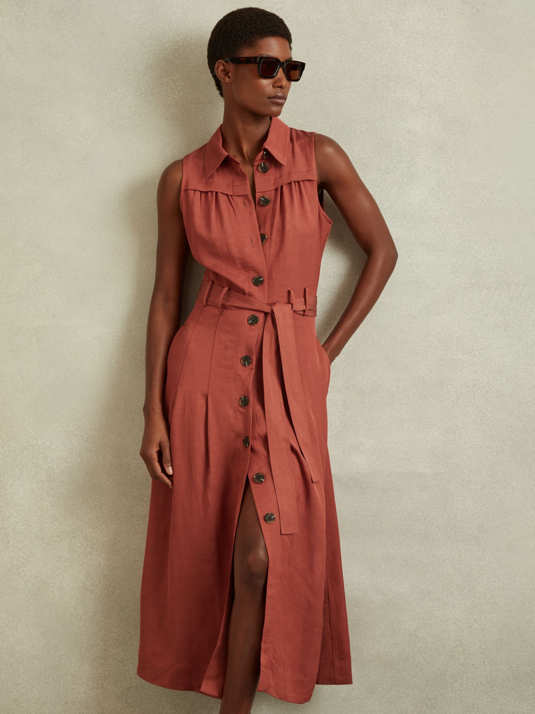 Reiss Heidi Sleeveless Linen Blend Midi Shirt Dress, Rust, 6