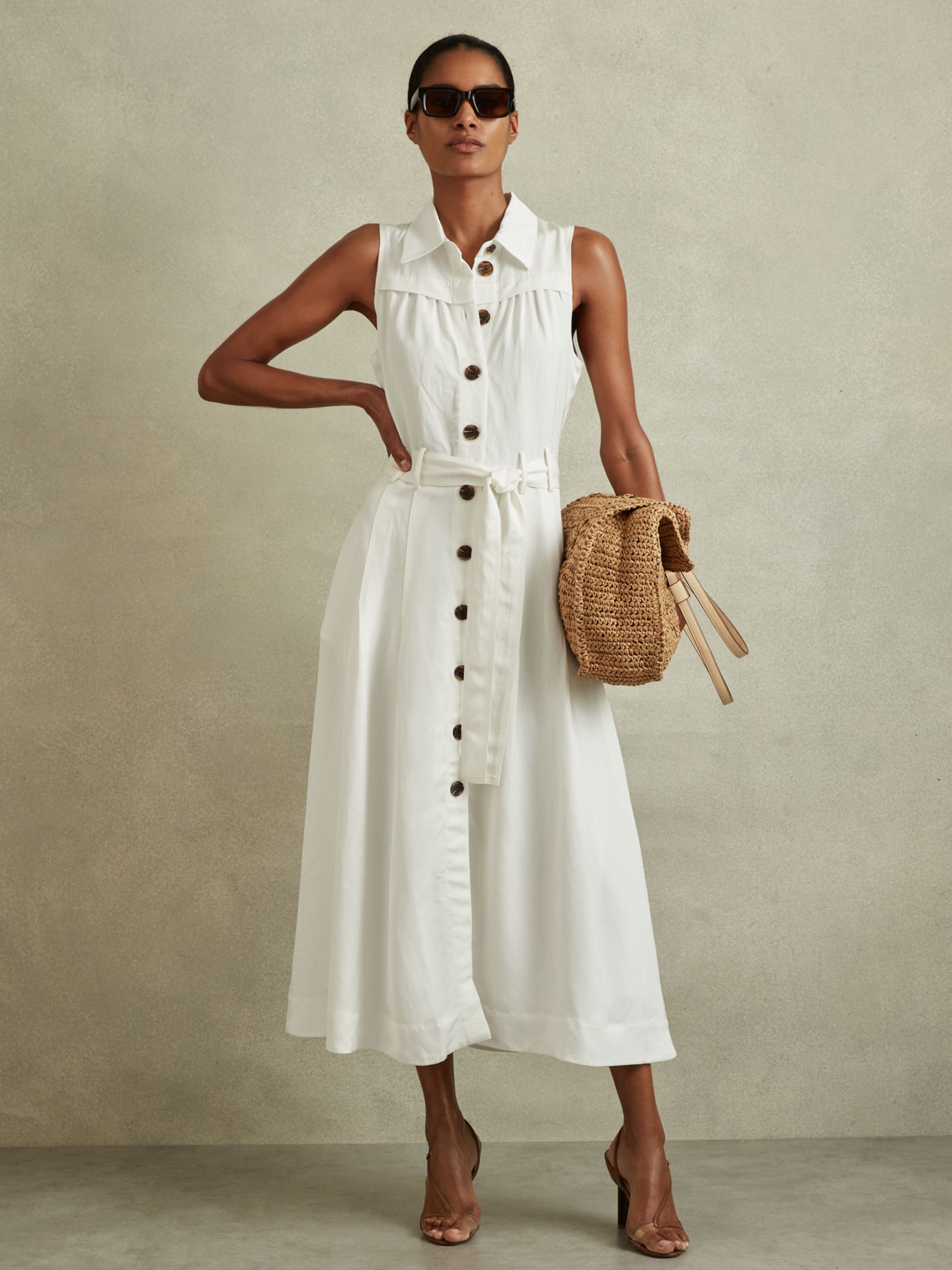 Reiss Petite Heidi Linen Blend Sleeveless Midi Shirt Dress, White, 6