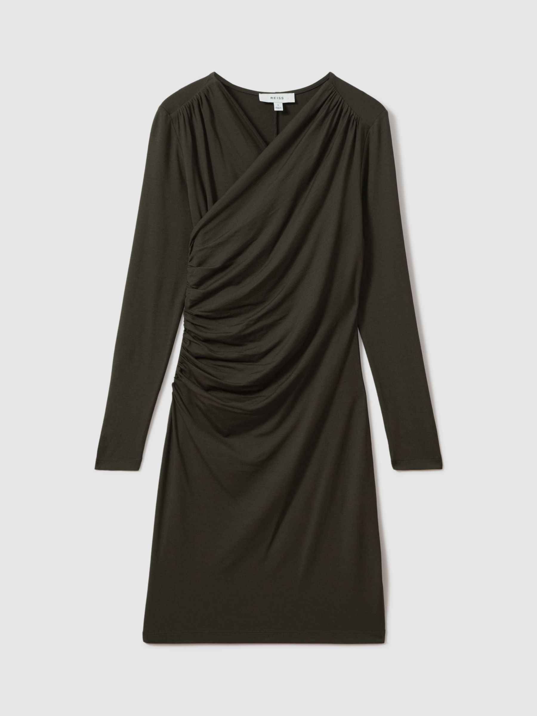 Reiss Lisa Ruched Jersey Mini Dress, Khaki, XS
