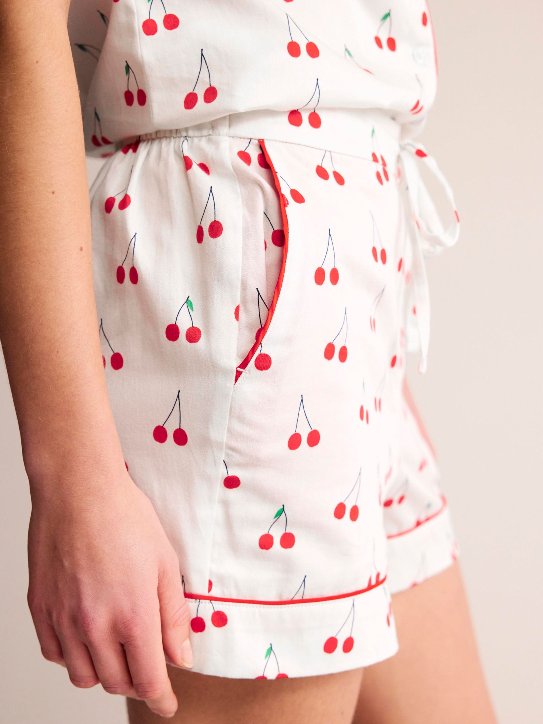 Boden Cotton Sateen Cherry Print Pyjama Shorts, Ivory/Multi, 8