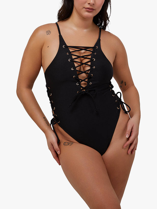 Wolf & Whistle Eden Fuller Bust Plunge Lace Up Swimsuit, Black