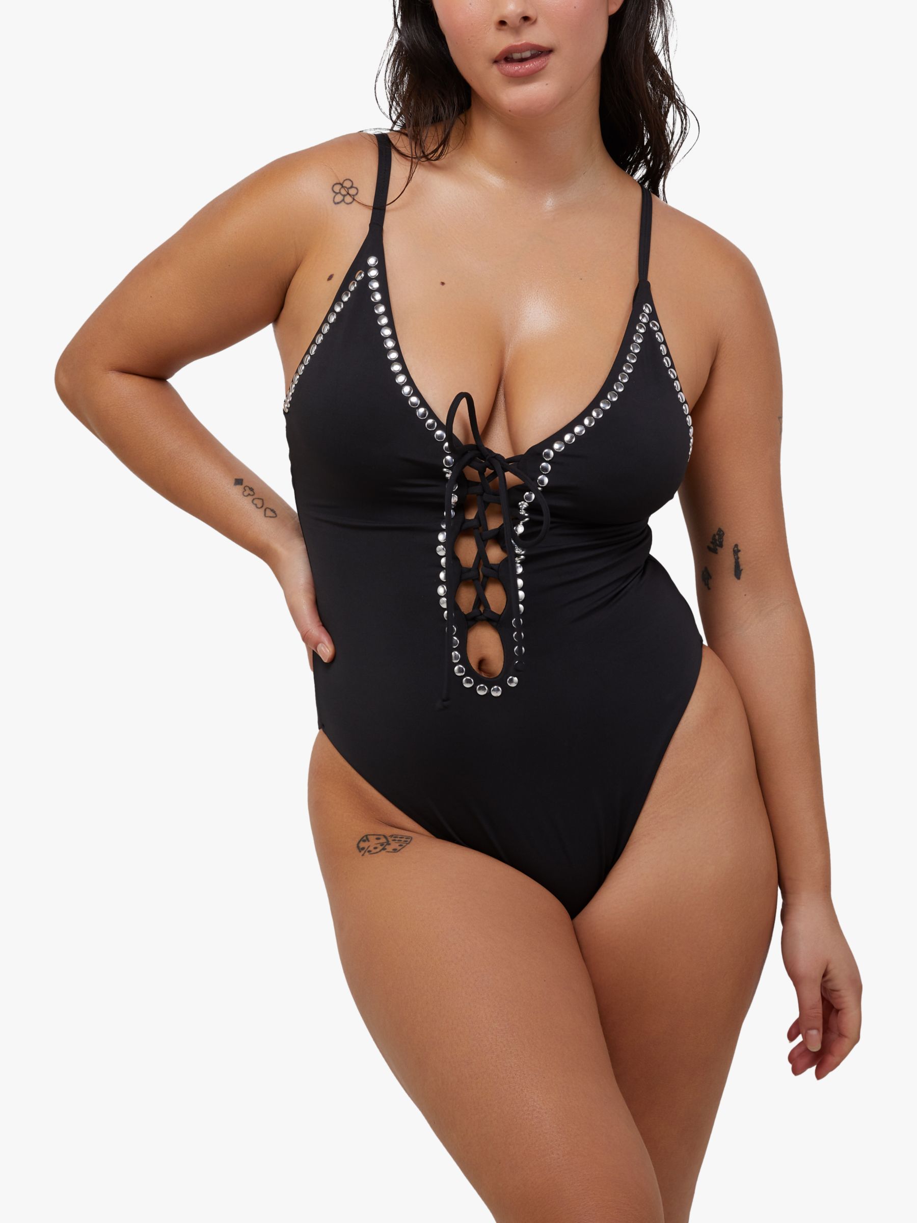 Wolf & Whistle Gabrielle Fuller Bust Eco Studded Lace Up Swimsuit, Black, 32B/C
