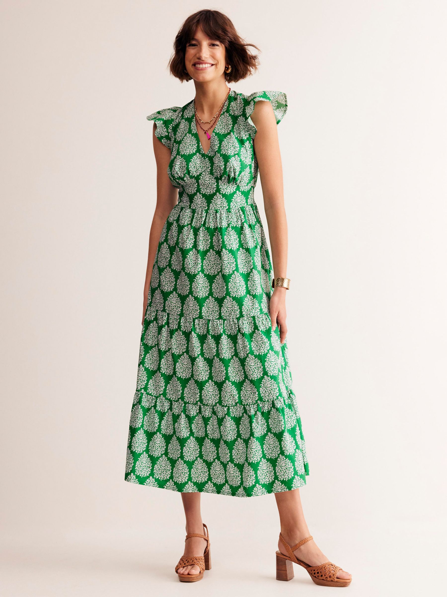 Boden May Floret Print Tiered Cotton Midi Dress, Green/White, 8