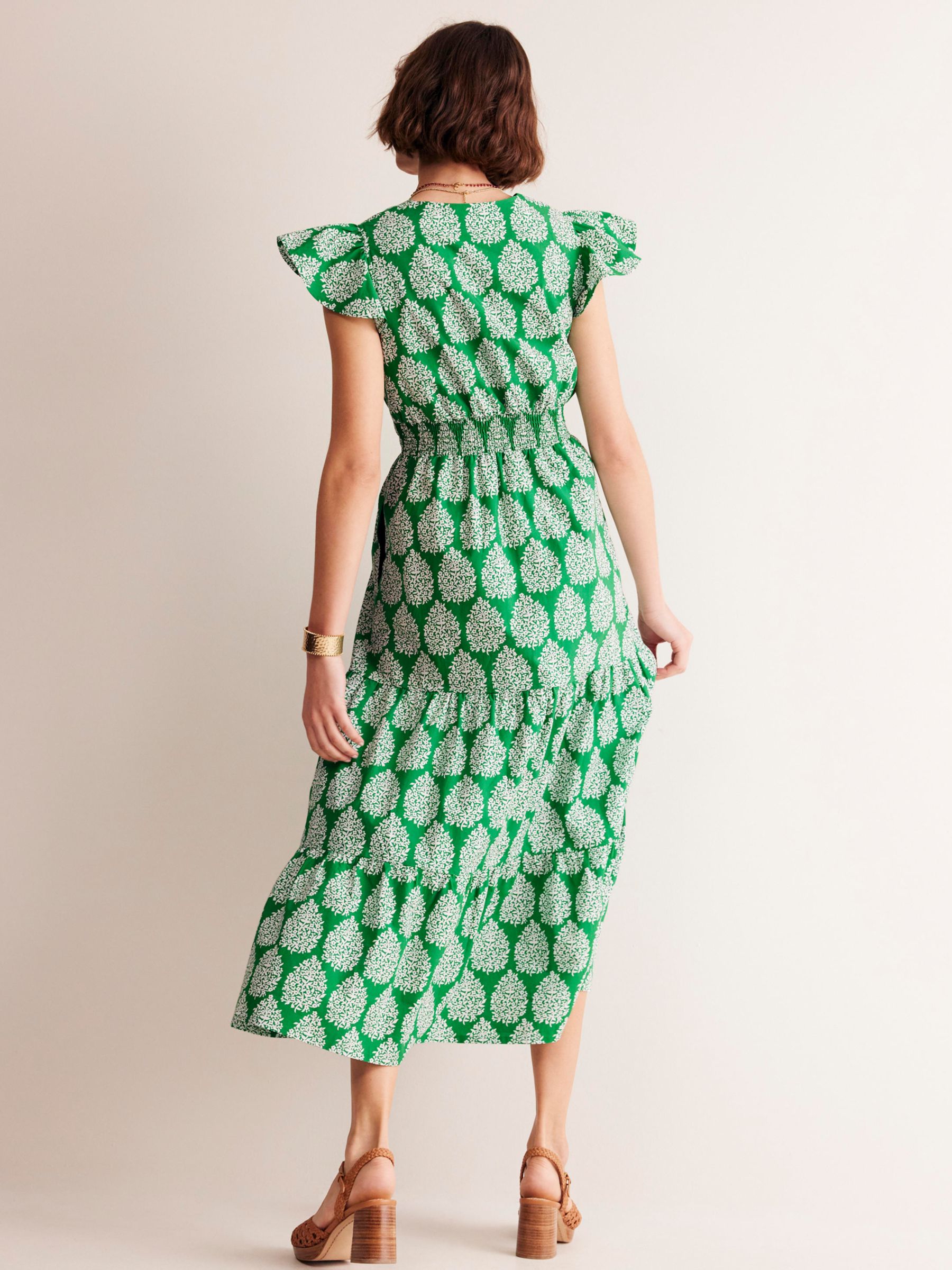 Boden May Floret Print Tiered Cotton Midi Dress, Green/White, 8