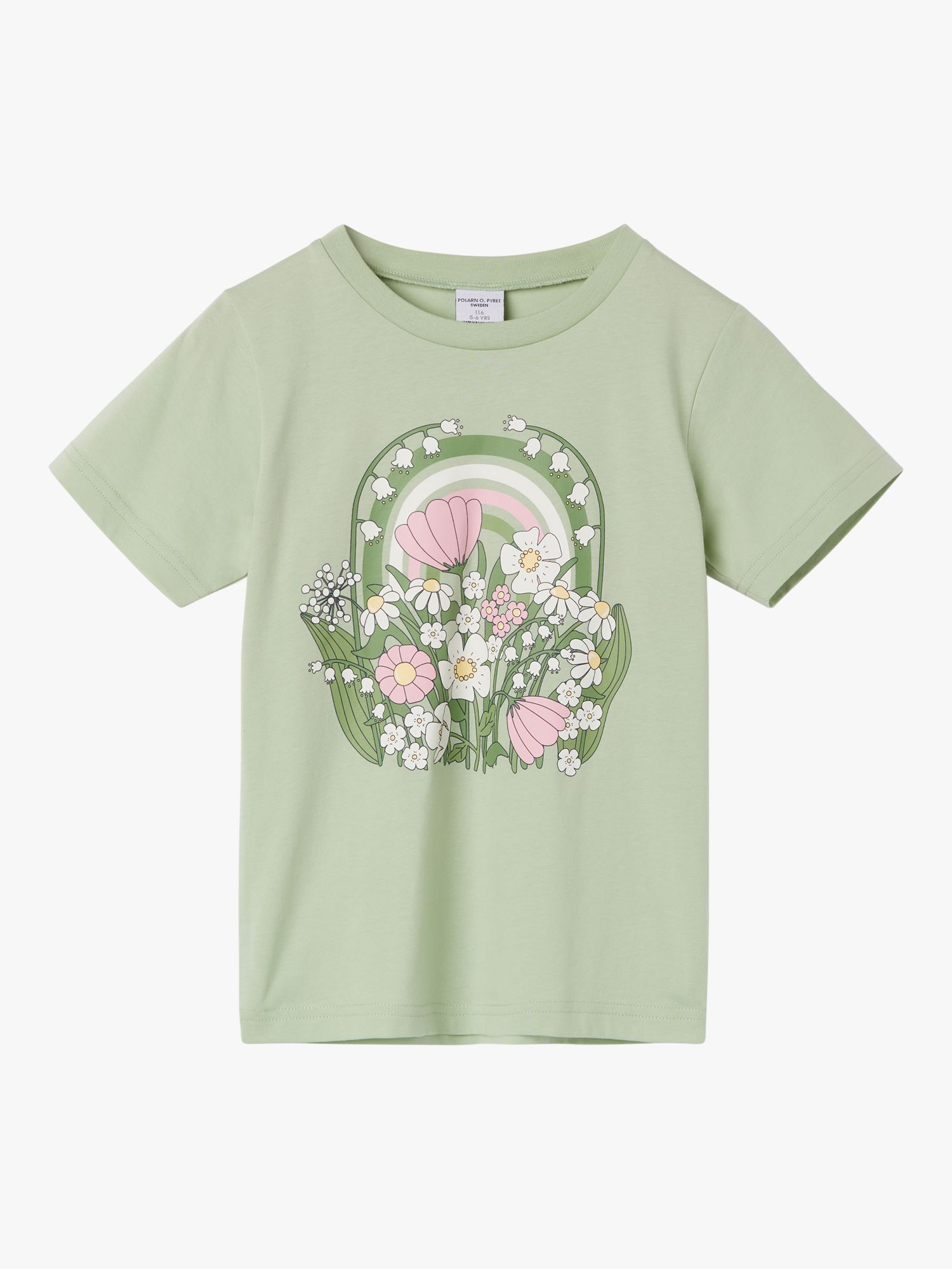 Polarn O. Pyret Kids' Organic Cotton Floral Print T-Shirt, Green, 12-18 months