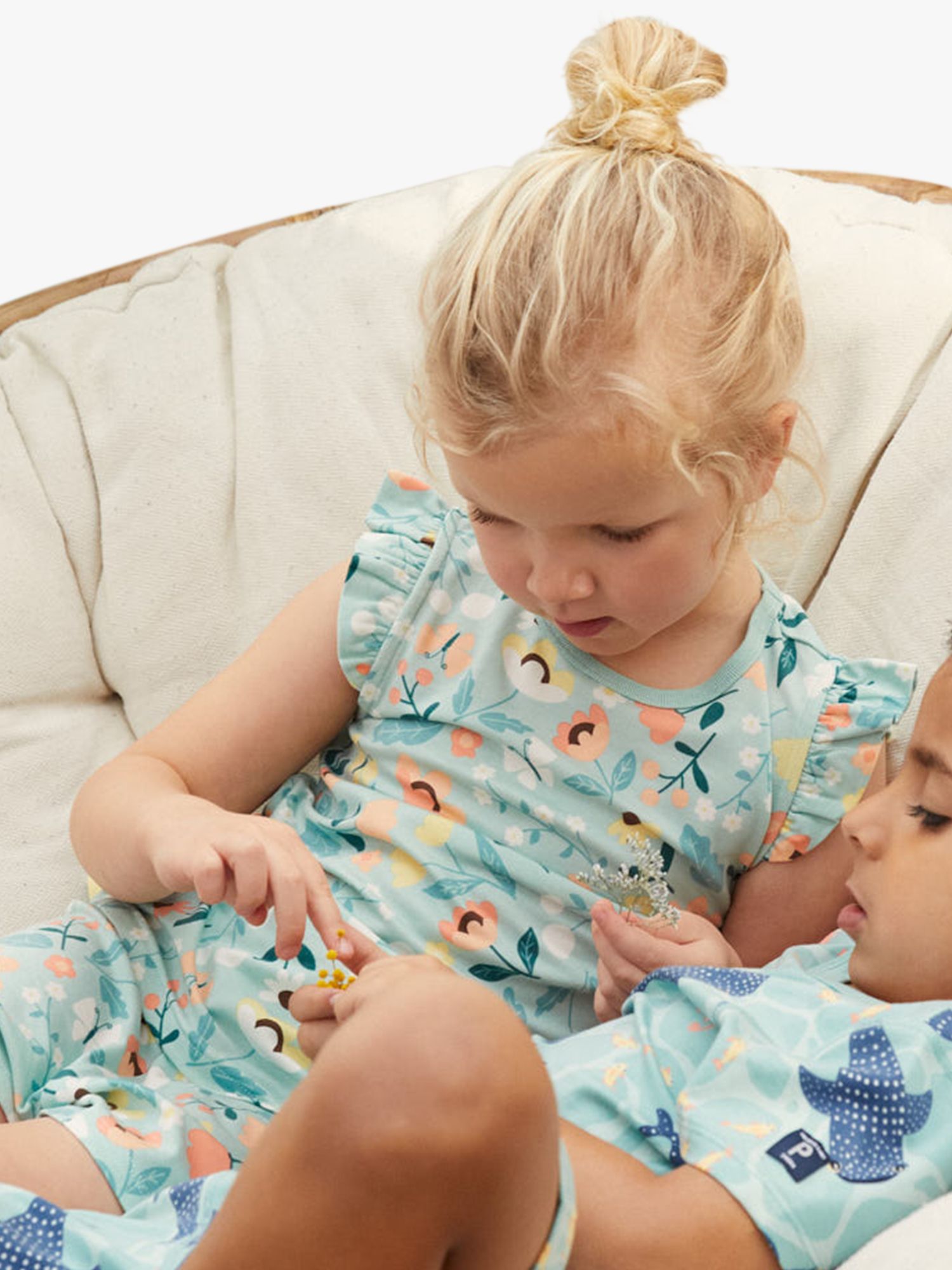 Polarn O. Pyret Kids' Floral Short Pyjamas, Blue/Multi, 1-2 years