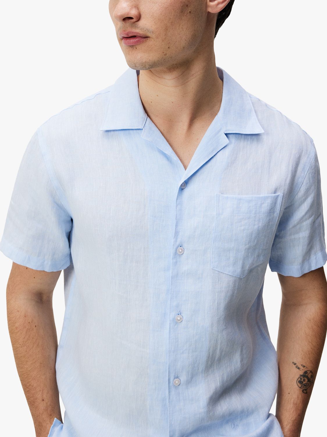 J.Lindeberg Elio Linen Melange Short Sleeve Shirt, Chambray Blue, L