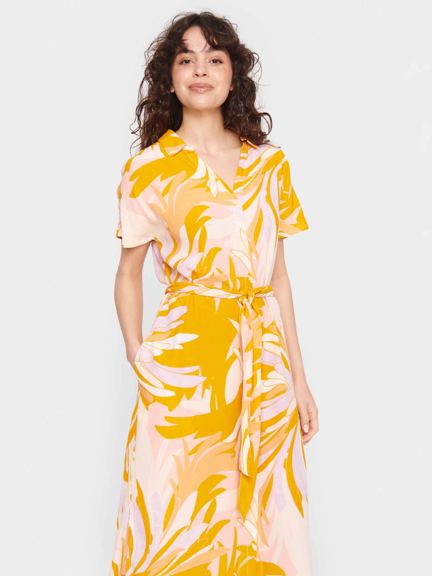 Saint Tropez Blanca Leaf Print Midi Shirt Dress, Apricot/Multi, XS