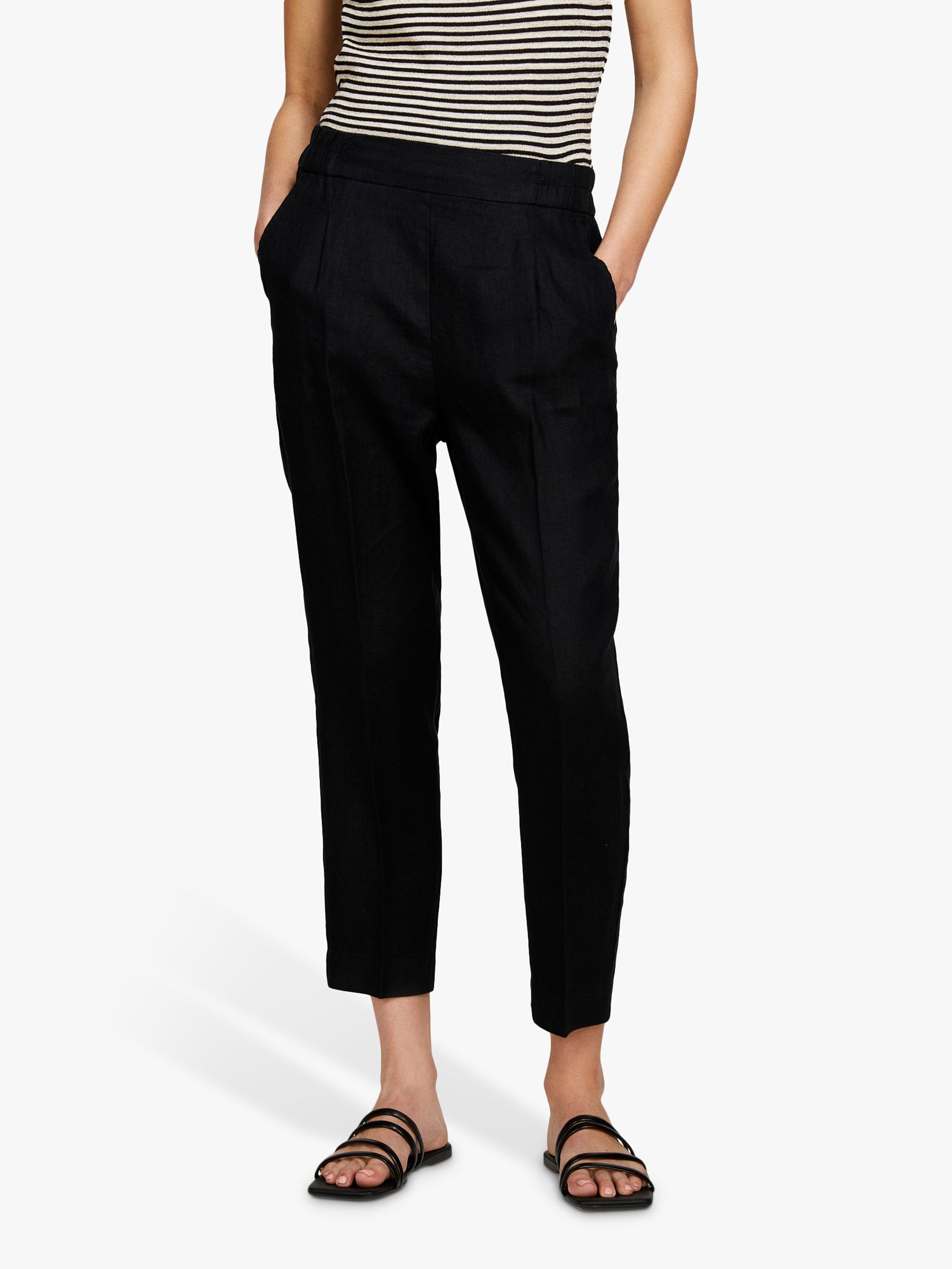 SISLEY Cropped Linen Slim Leg Trousers, Black