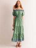 Boden Floral Print Tiered Cotton Midi Dress, Green/Multi