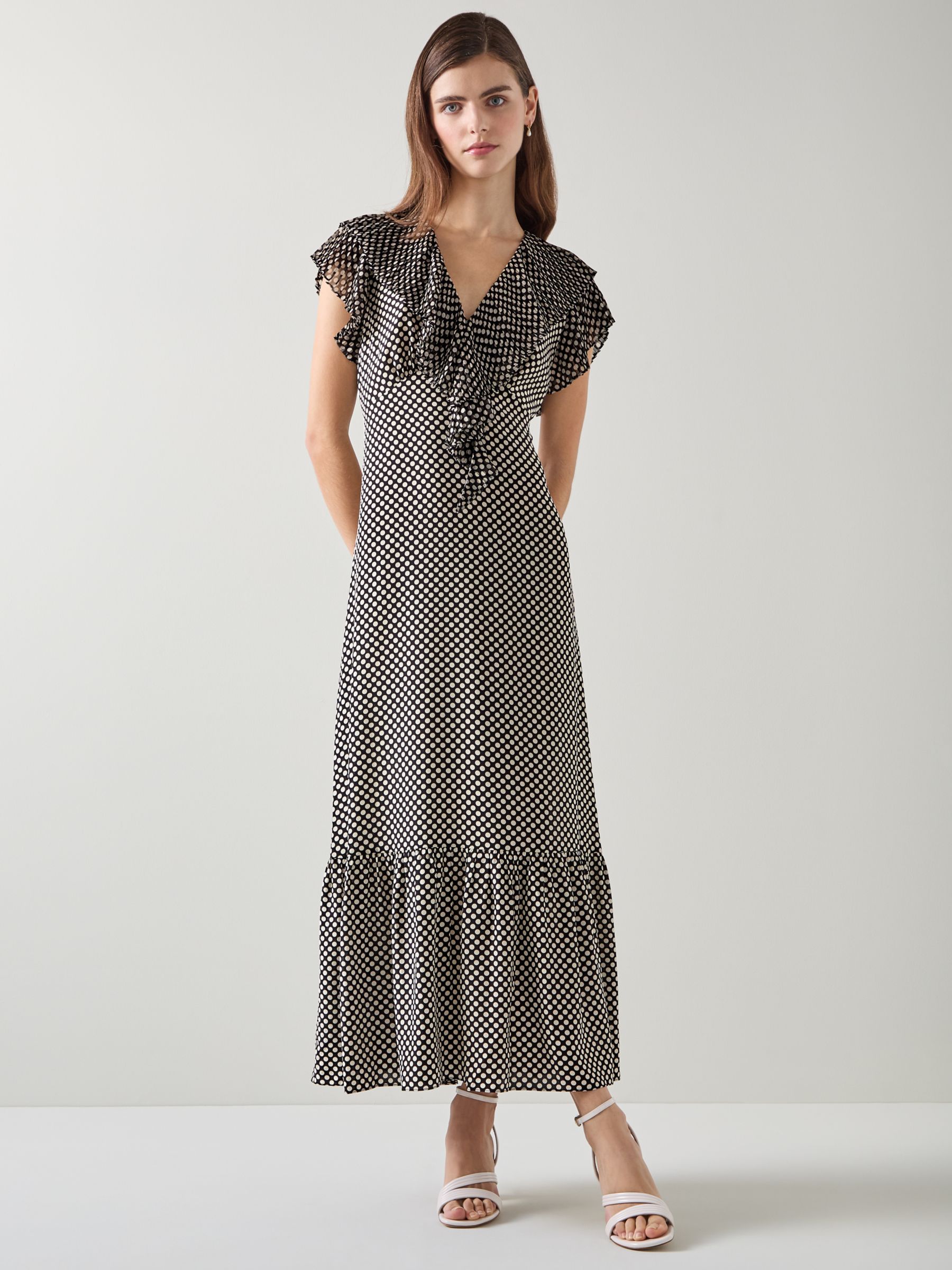 L.K.Bennett Daphne Polka Dot Silk Maxi Dress, Black/Cream, 8