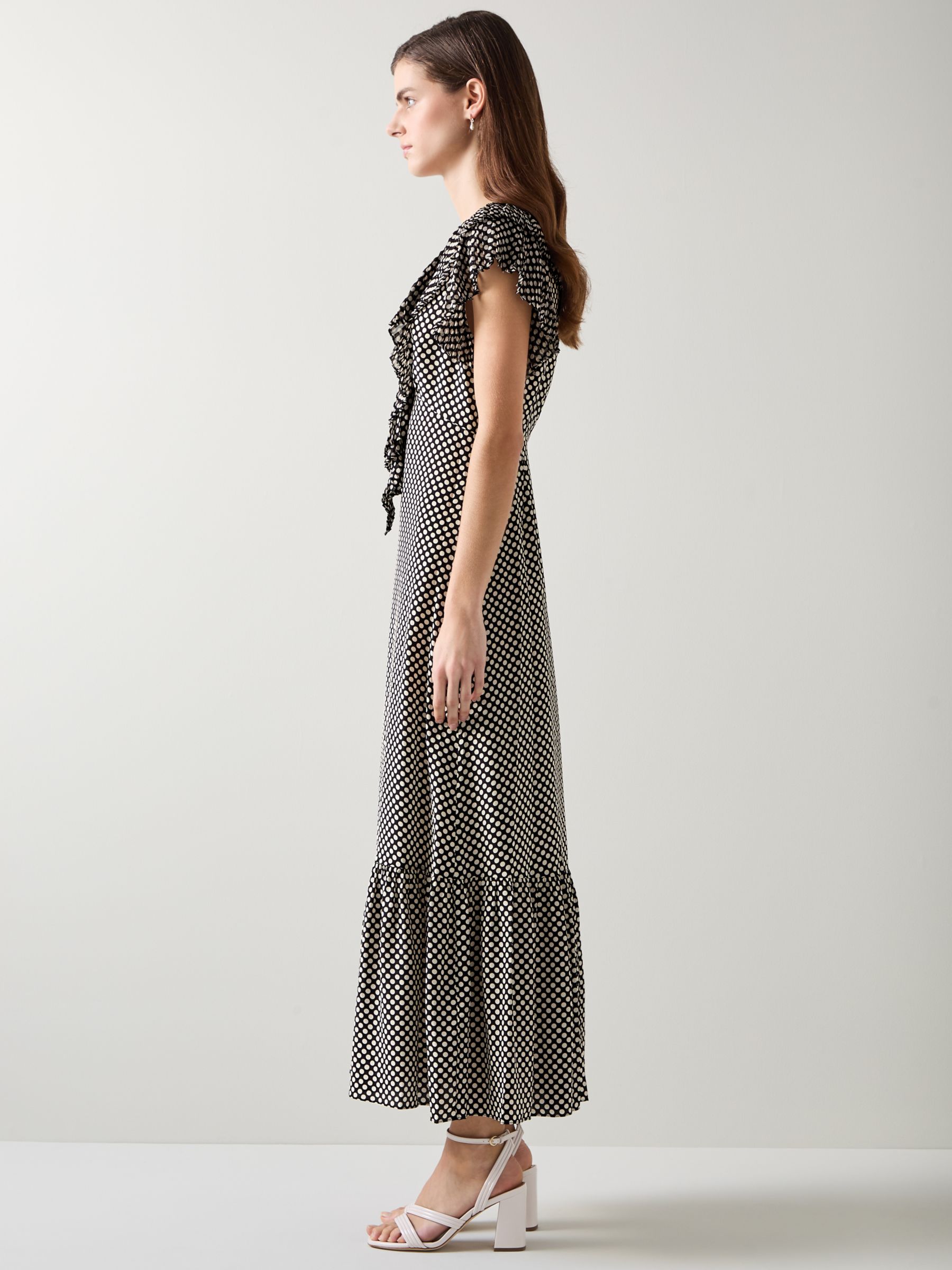 L.K.Bennett Daphne Polka Dot Silk Maxi Dress, Black/Cream, 8