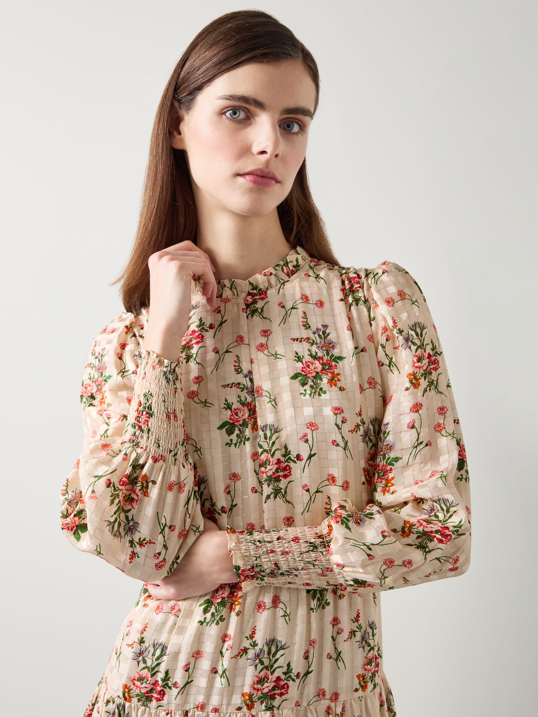 L.K.Bennett Flora Wildflower Metallic Print Dress, Cream/Multi, 6