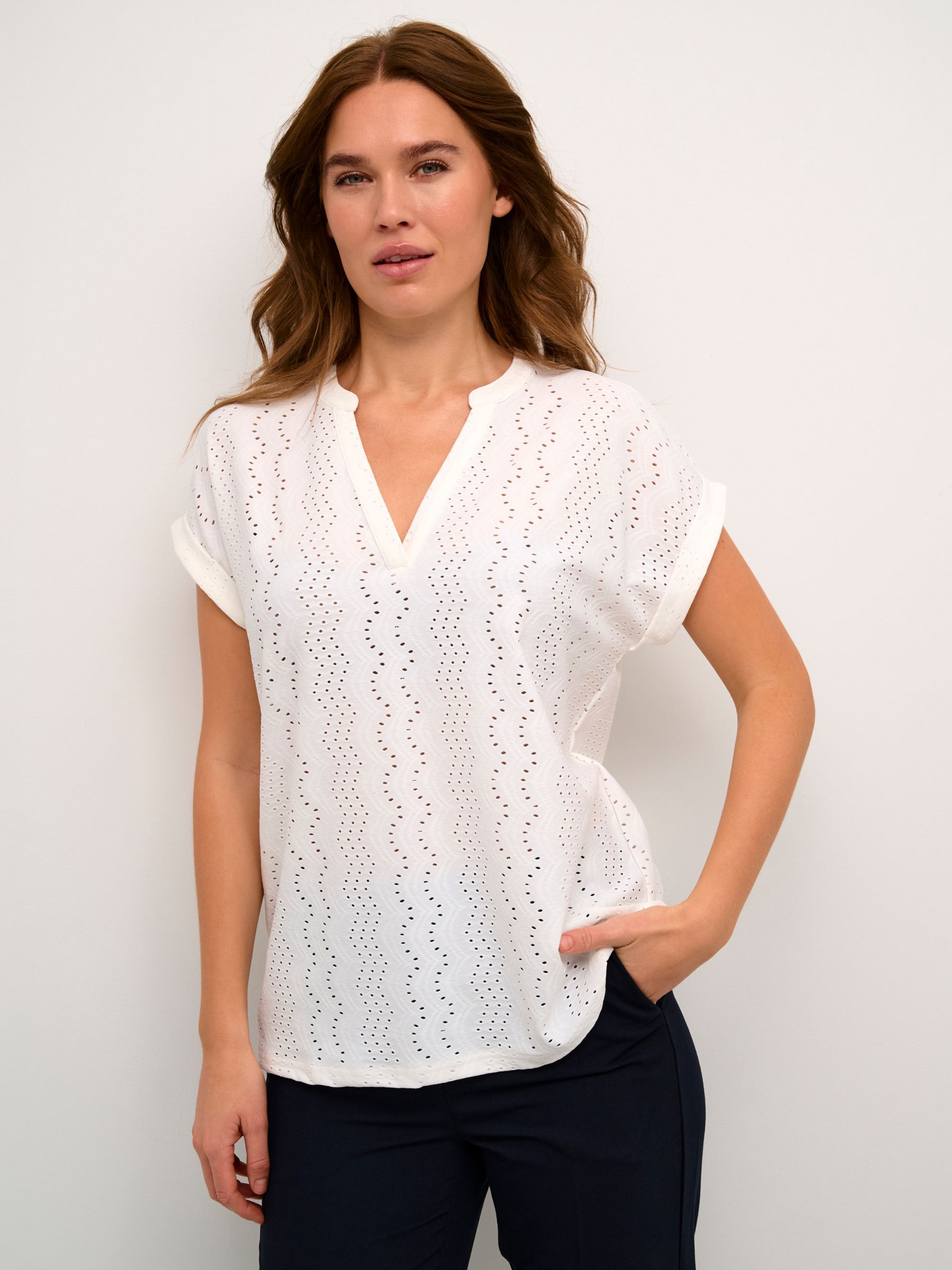 KAFFE Rachel Short Sleeve Eyelet Blouse, Chalk