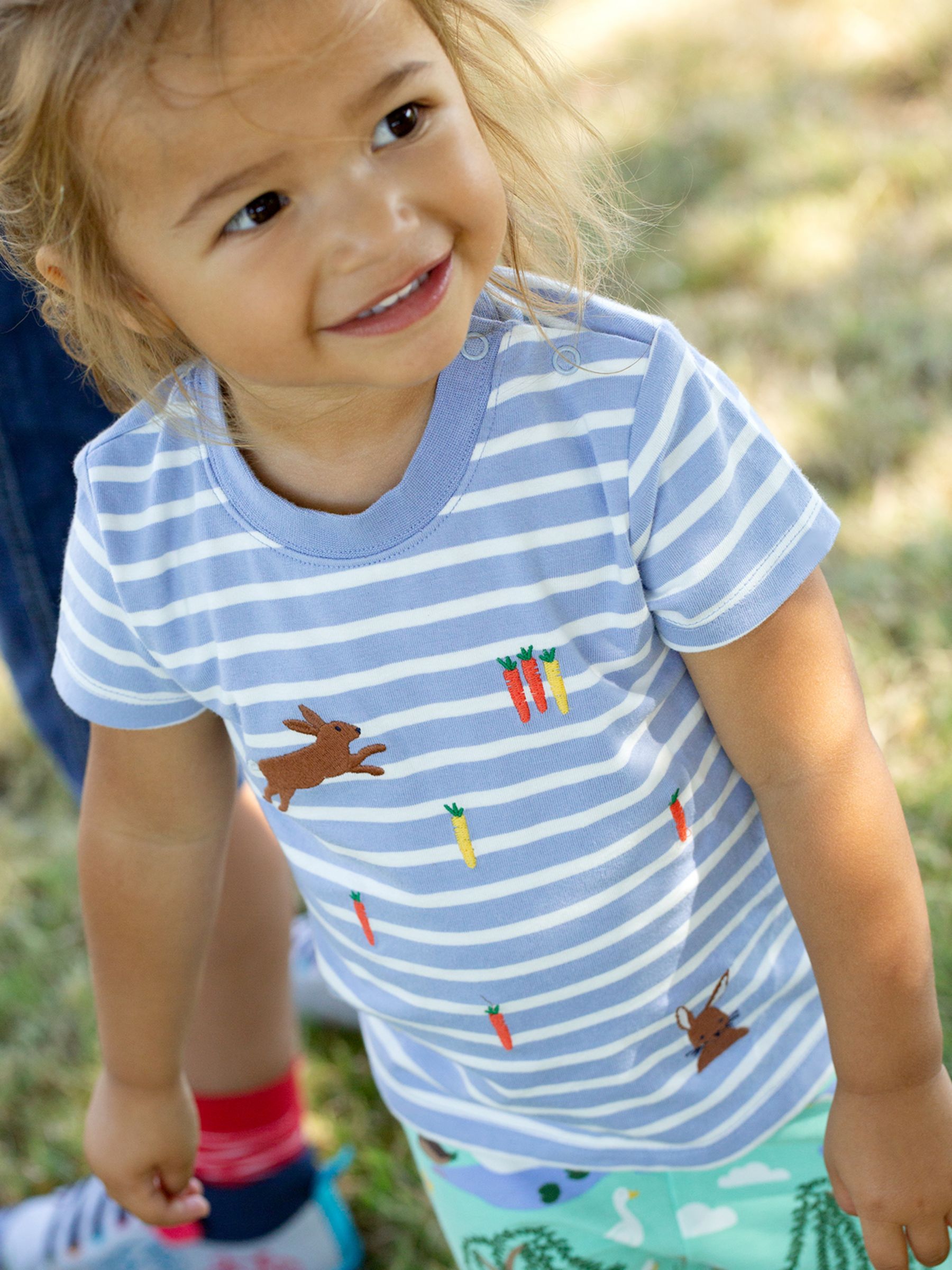 Frugi Ennis Organic Cotton Rabbit Embroidered Stripe T-Shirt, Tide/Multi, 0-3 months