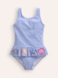 Mini Boden Kids' Stripe Shell Motif Peplum Swimsuit, Vintage Blue