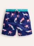 Mini Boden Kids' Axolotl Print Swim Shorts, Blue/Multi