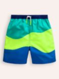 Mini Boden Kids' Wave Colour Block Swim Shorts, Yellow/Multi
