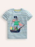 Mini Boden Kids' Pirate Ship Applique Stripe T-Shirt, Blue/Ivory