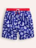 Mini Boden Kids' Seashore Print Swim Shorts, Blue/Multi