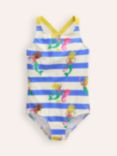Mini Boden Kids' Mermaid & Seahorse Stripe Cross-Back Swimsuit, Blue/Multi