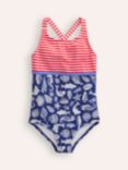 Mini Boden Kids' Hotchpotch Stripe & Shell Cross-Back Swimsuit, Blue/Red/Multi