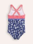 Mini Boden Kids' Hotchpotch Stripe & Shell Cross-Back Swimsuit, Blue/Red/Multi