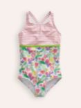 Mini Boden Kids' Hotchpotch Stripe & Mermaid Cross-Back Swimsuit, Pink/Multi