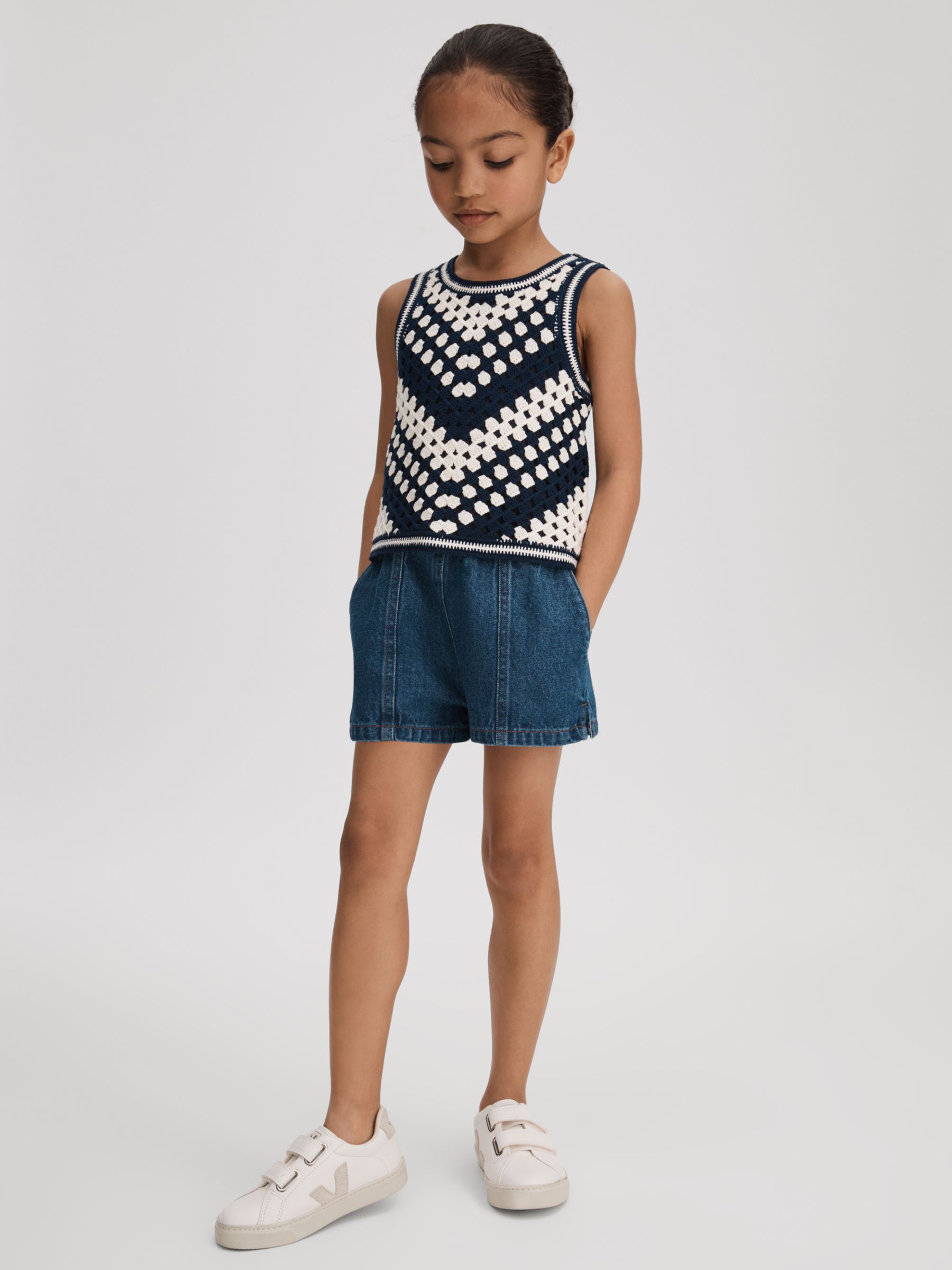 Reiss Kids' Sabrina Textured Crochet Cotton Top, Navy/Ivory, 4-5 years