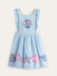 Mini Boden Kids' Charming Shell Applique Stripe Pinafore Dress, Blue/Ivory
