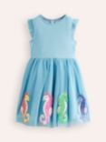Mini Boden Kids' Seahorse Applique Jersey & Tulle Dress, Aqua Blue