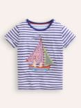 Mini Boden Kids' Sail Boat Applique Stripe Short Sleeve T-Shirt, Ivory/Multi