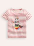 Mini Boden Kids' Stripe Mercat Applique Short Sleeve T-Shirt, Ivory/Pink